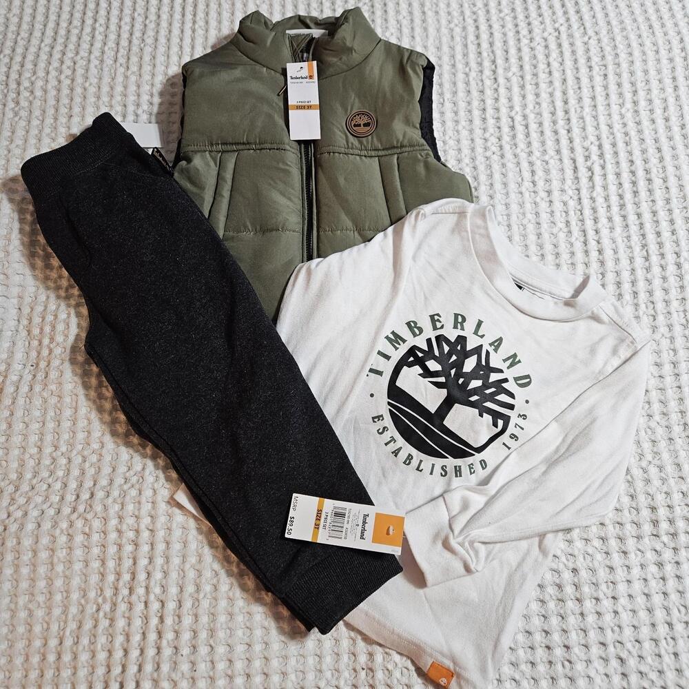 New Boy's Timberland 3-Piece Set Size 3T Vest Long Sleeve Shirt Pants Gray NWT